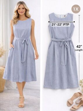 Anne Klein Light Blue Striped Sleeveless Midi Dress with Self Tie Belt